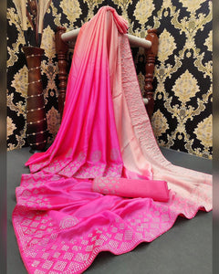 Entrancing Light Pink Color Designer Satin Silk Stone Diamond HB Machine Work Saree Blouse