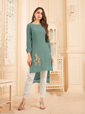 Sea Green Georgette With Diamond Work Full Stitched Kurti Pant Design Online CHETANA103E