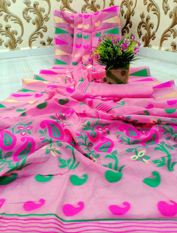 Magenta Color Designer Soft Cotton Jumbo Jacquard Rich Pallu Saree Blouse For Function Wear