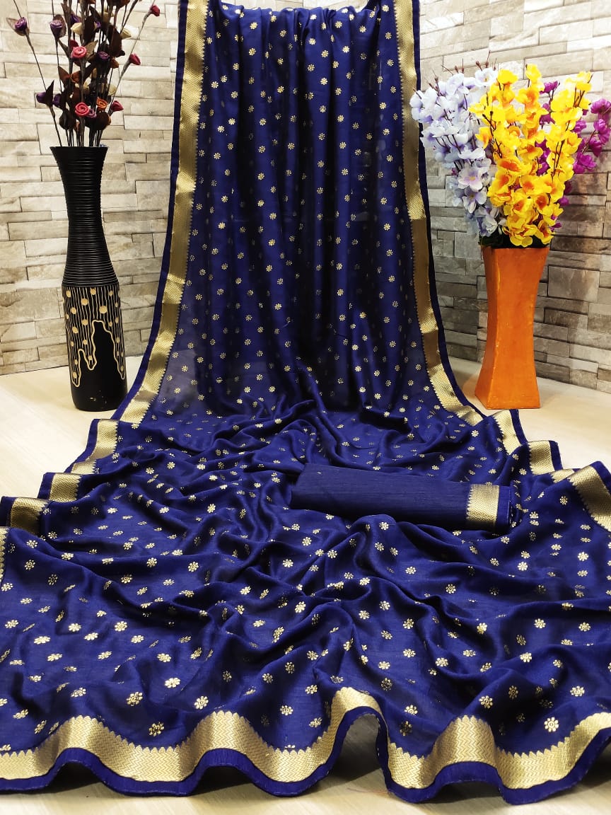 Wedding Wear Blue Color Fancy Vichitra Silk Foil Work Designer Jacquard Banglori Piping Lace Saree Blouse For Women