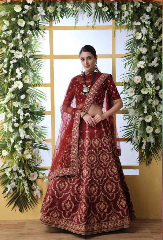 Maroon Color Zari Thread Sequence Embroidered Art Silk Lehenga Choli For Function Wear