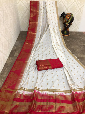 Wonderful White Color Designer Soft Row Silk Zari Weaving Border Chit Pallu Saree Blouse For Function Wear
