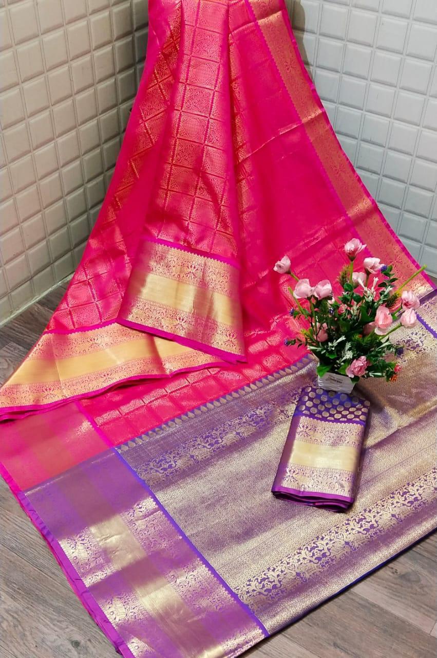 Fuchsia Color Kanjivaram Silk Zari Weaving Contrast Pallu Saree Blouse For Women