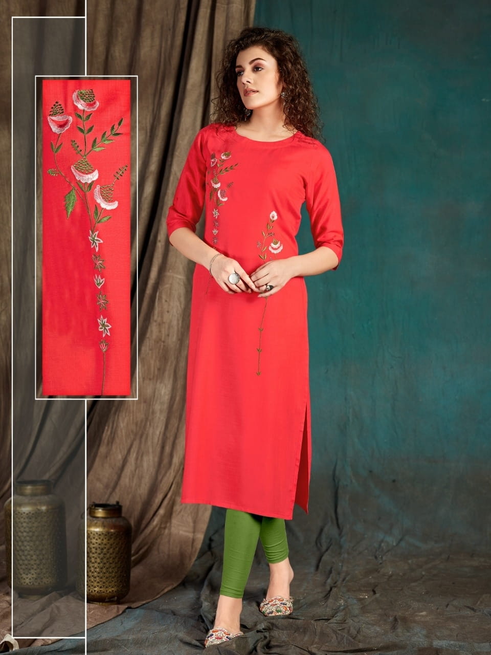 Mind-blowing Light Red Color Designer Slub Rayon Embroidered Work Kurti For Function Wear