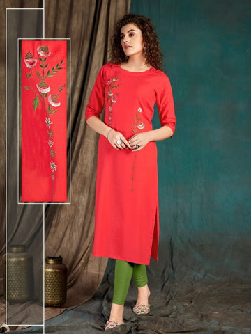 Mind-blowing Light Red Color Designer Slub Rayon Embroidered Work Kurti For Function Wear