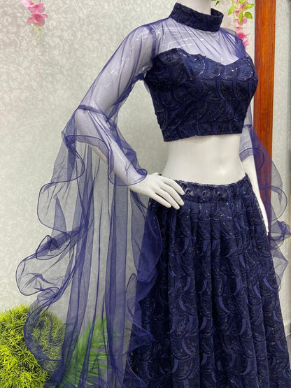Blue Color Embroidery Party Wear Designer Flair Lehenga Choli