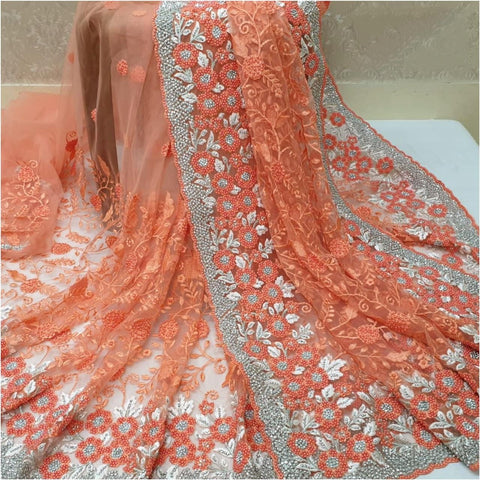 Surpassing Orange Color Designer Net Embroidered Motti Ceramic Jarkhand Work Saree Blouse For Function Wear