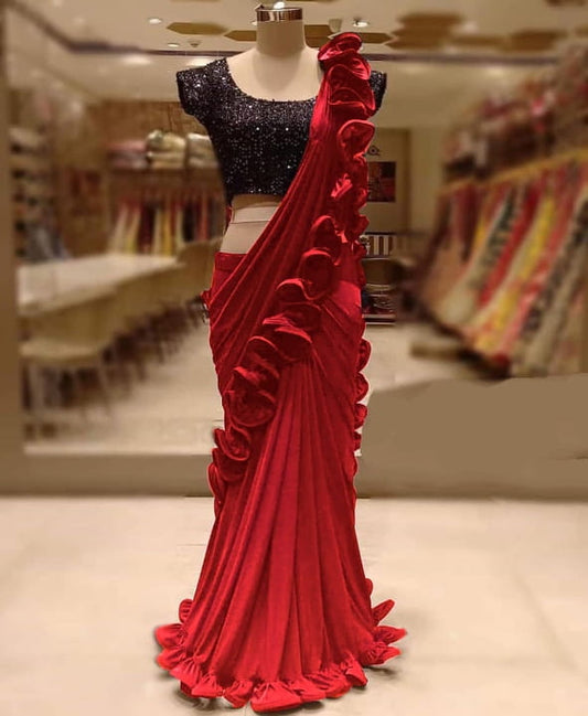 Red Color Ruffle Georgette Tone To Tone Border Tar Design Saree Blouse