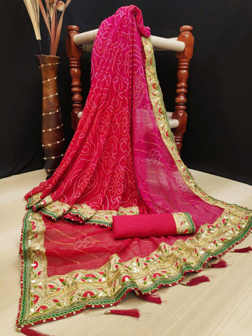 Pink Color Designer Georgette Bandhej Printed Thread Gotta Patti Work Border Saree Blouse For Function Wear
