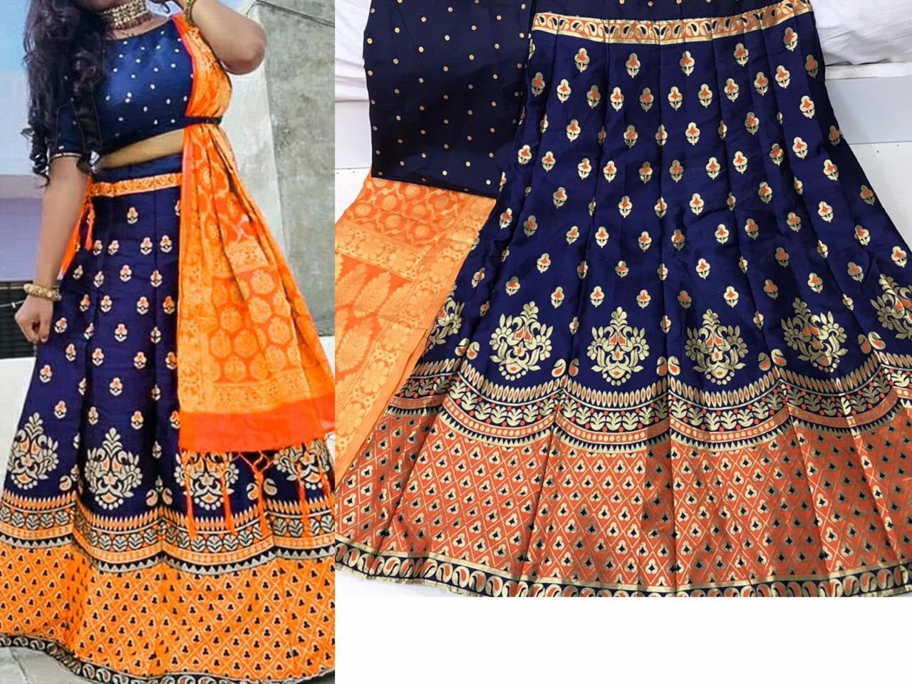 Orange Banarasi Silk Bridal Wear Lehenga