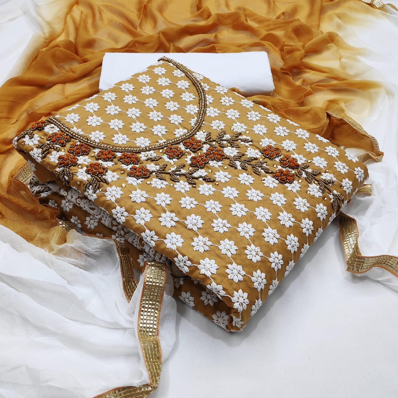 Mustard Color Function Wear Cotton Embroidered Shifli Khatli Work Salwar Suit