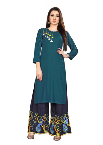 Rama Rayon With Aari Embroidered Work Plazo Kurti Design Online VT3095117B