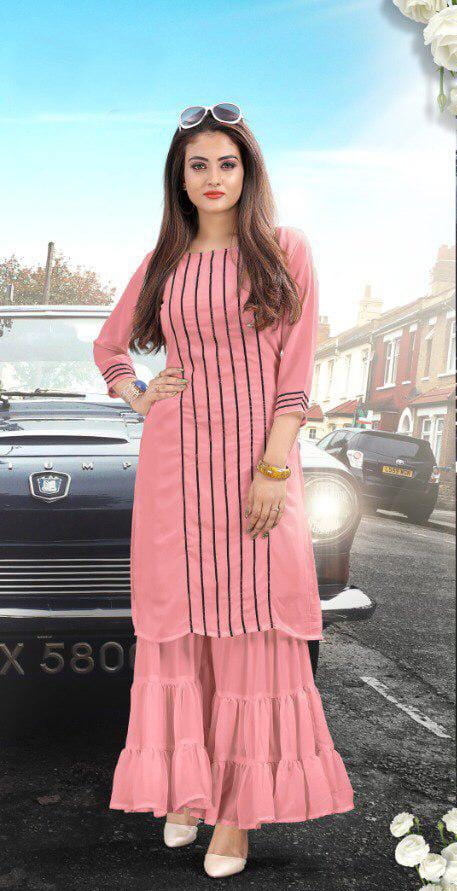 Pink Colored Pure Georgette Sharara Kurti For Women VT1031101D