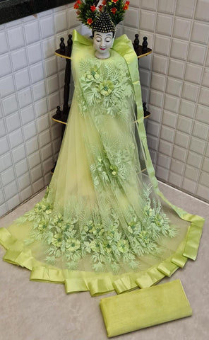 Adorable Light Green Color Fancy Soft Net Flower Pearl Stone Embroidered Work Saree Blouse For Function Wear