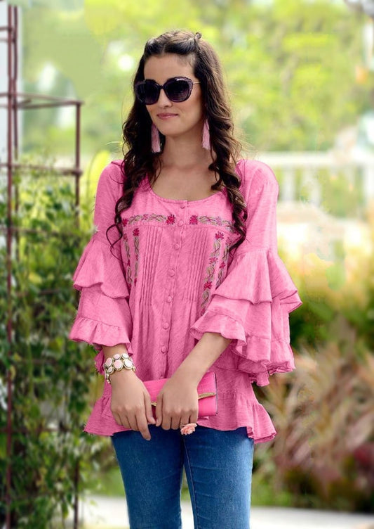Capricious Baby Pink Color Festive Wear Ready Made Jam Cotton Fancy Embroidered Work Top