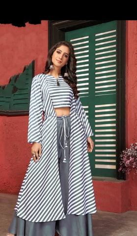 Grey Colored Heavy Cotton With Digital Print Kurti With Shrug And Plazo For Party Wear aryadressmaker107D