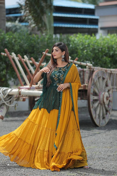 Mustard Color Georgette Mirror Work Lehenga For Party Wear
