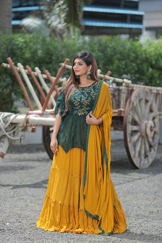 Mustard Color Georgette Mirror Work Lehenga For Party Wear