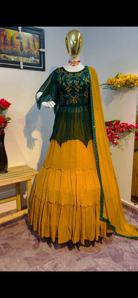 Mustard Color Georgette Mirror Work Lehenga For Party Wear