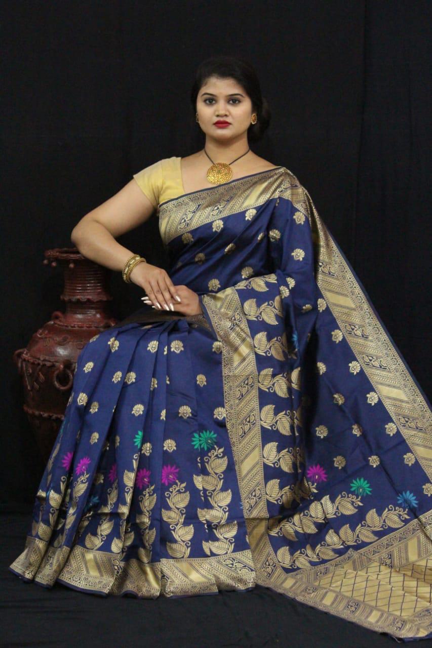 Navy Blue All Over Weaving Designer Cotton Silk Saree Blouse For Wedding Wear
