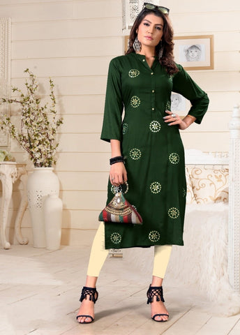 Party Wear Green Color Heavy Rayon With Gotta Patti Work Full Stitched Kurti For Function Wear-VAIKUNTH104A