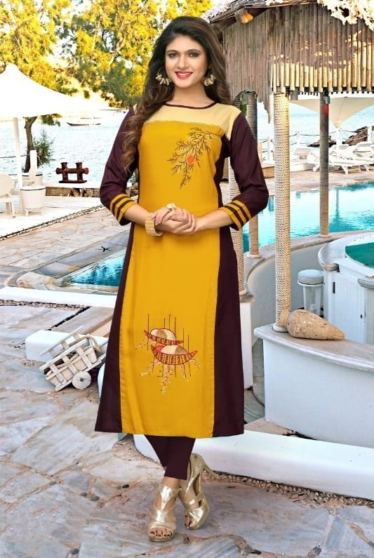Yellow Rayon Ready Made Embroidered Work Kurti VAIKUNTH123A