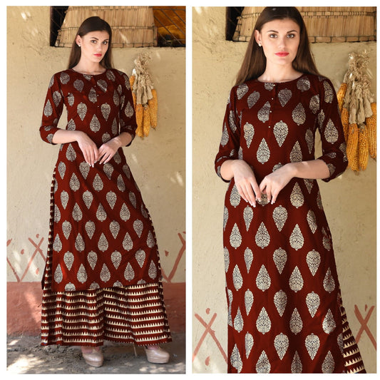 Brown Colour Rayon Printed Readymade Kurta With Plazo For Woman