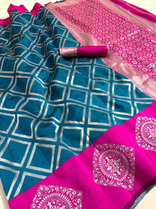Olympic Color Lichi Silk Weaving Rich Pallu Contrast Border Saree Blouse For Wedding Wear
