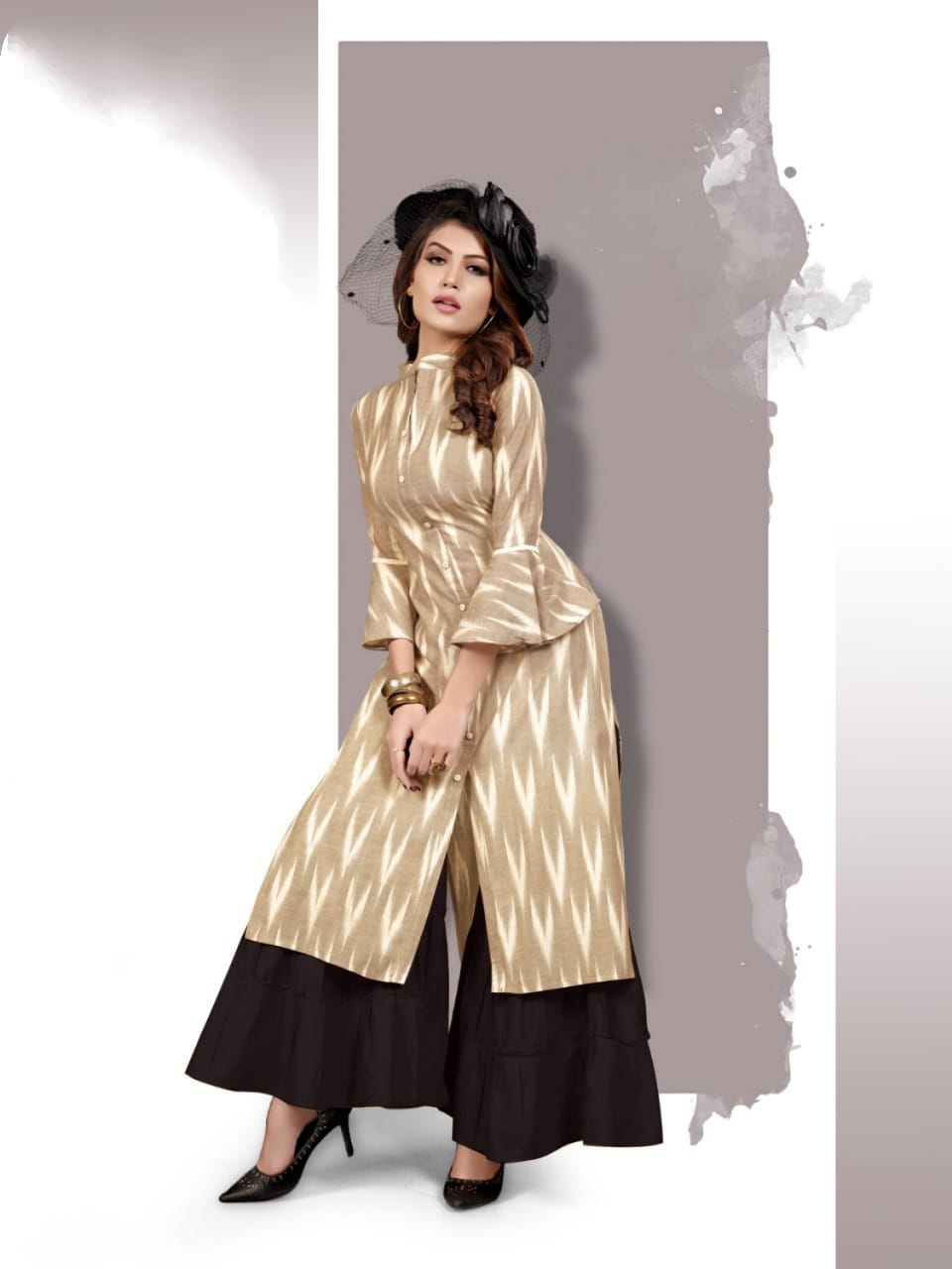 Divine Cream Chocolate Color Cotton Printed Sharara Fancy Kurti For Women ARYA127A