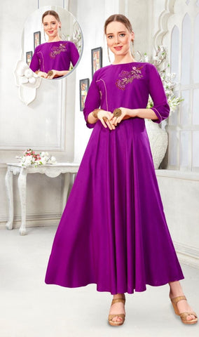 Fuchia Color Full Stitched Designer Rayon Cotton Thread Hand Work Gown For Function Wear