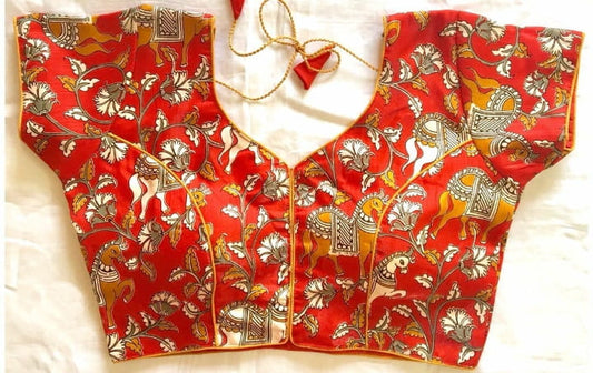 Red Color Designer Satin Banglori Printed Full Stitched Blouse For Wedding Wear