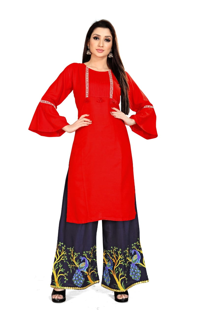 Red Rayon With Embroidered Aari Work Plazo Kurti Design Online VT3095117A