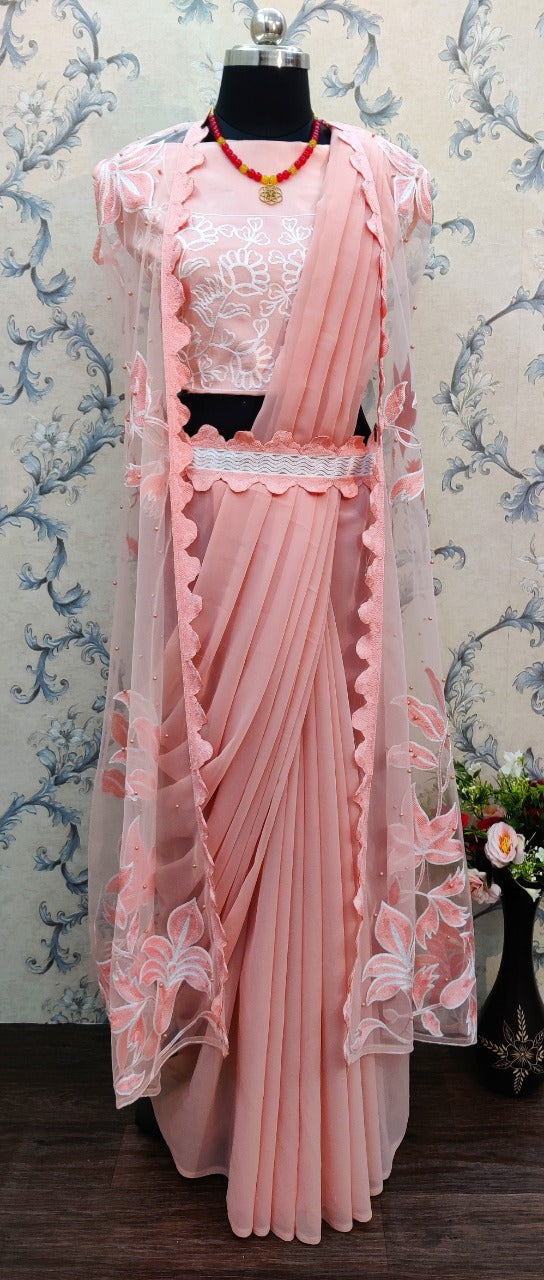 Pink Color Party Wear Designer Sarees With Koti Heavy Chain Stitched Work