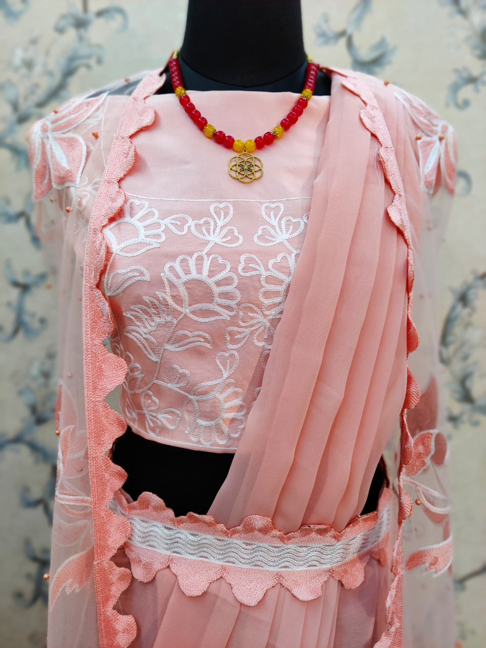 Pink Color Party Wear Designer Sarees With Koti Heavy Chain Stitched Work
