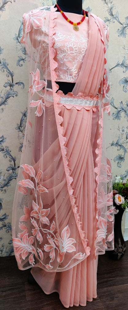 Pink Color Party Wear Designer Sarees With Koti Heavy Chain Stitched Work