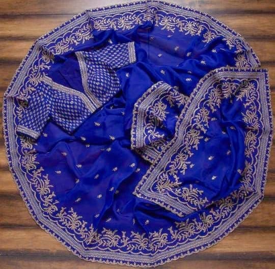 Stunning Blue color designer organza silk saree with blouse