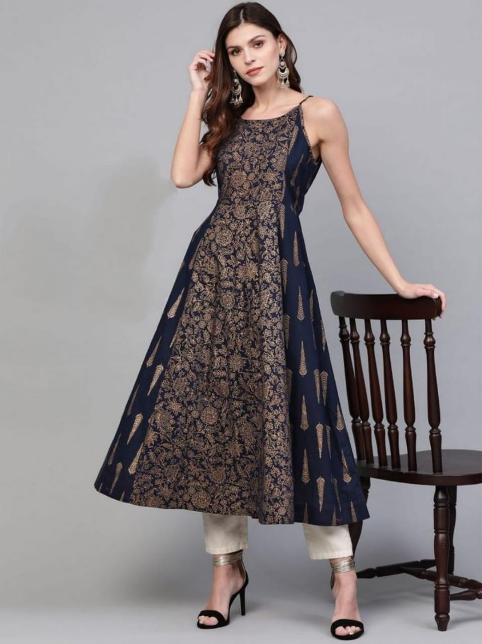 Grand Navy Blue Strappy Printed Ready Made Kurti AVADH1060103G