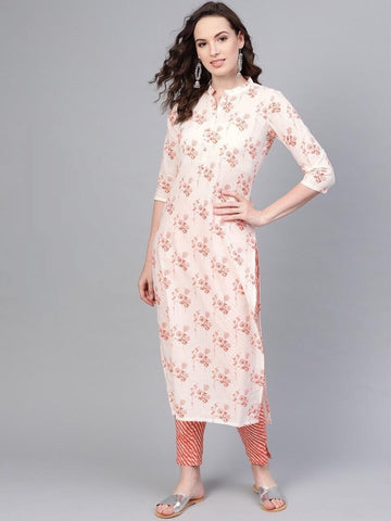 White Orange Color Straight Kurti Leheriya Pants AVADH1060104B