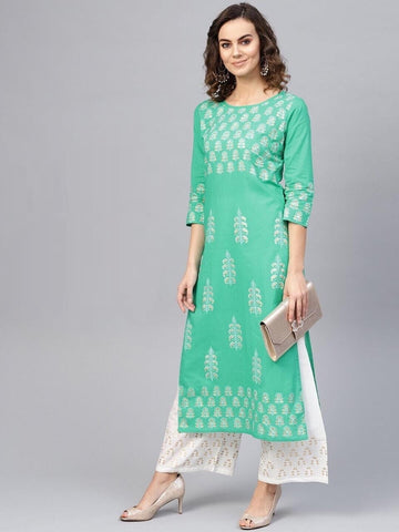 Green White Color Printed Readymade Plazo Kurti AVADH1060104E