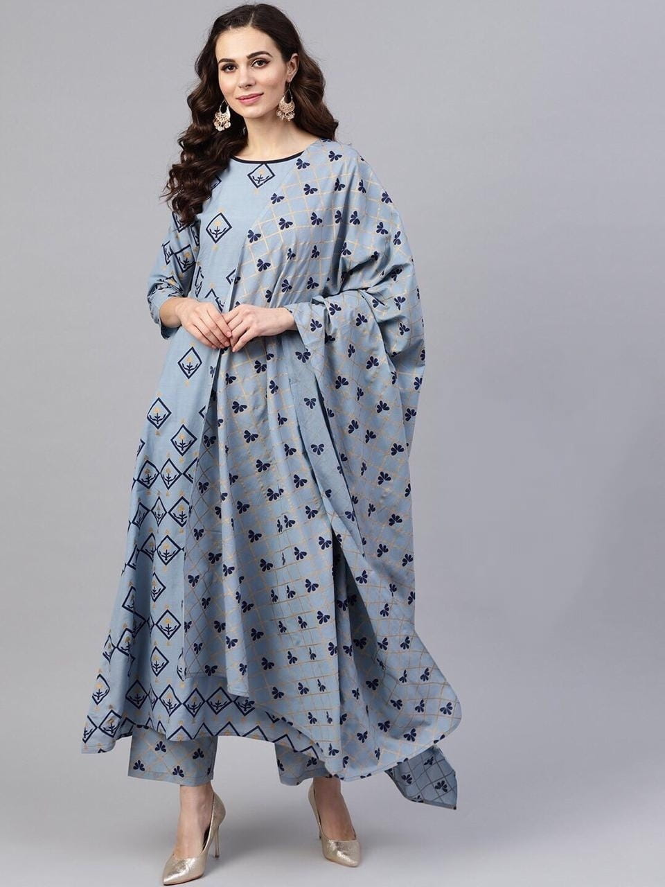 Blue Golden Color Printed Full Stitched Plazo Kurti AVADH1060104F