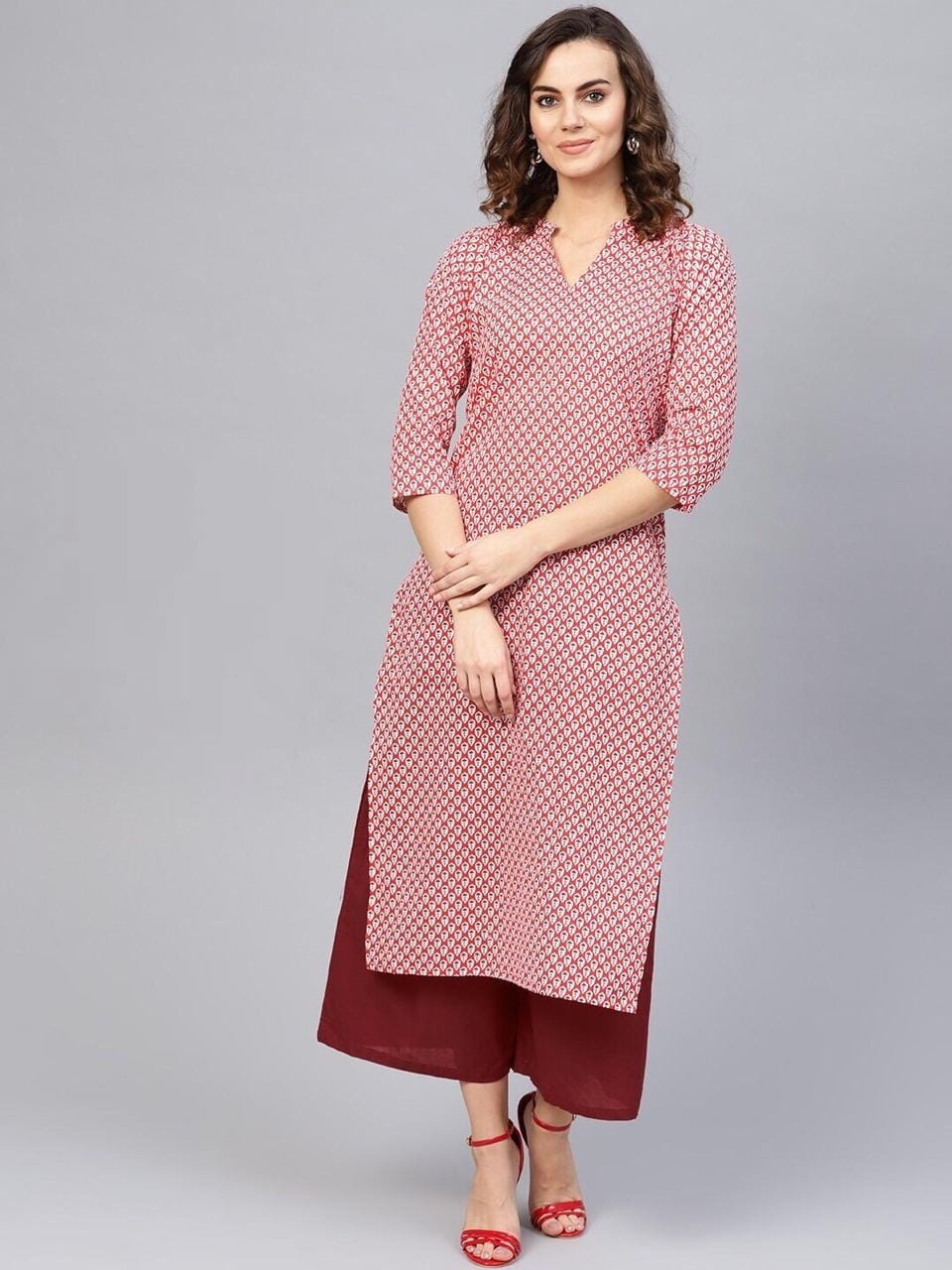 Red/ Maroon Printed Full Stitched Kurti With Plazo AVADH1060104G