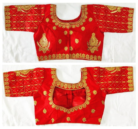 Crimson Color Designer Fantom Silk Zari Thread Work Ready Made Blouse For Wedding Wear