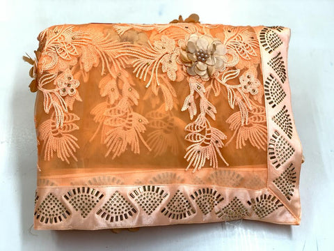 Apricot Color Party Wear Designer Soft Net Fancy Rubin Work Flower With Hot Fix Diamond Border Saree Blouse