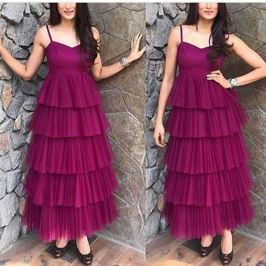 Designer Wine color Net Ruffle Party Wear Gown For Women