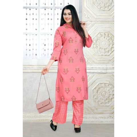Excellent Light Pink Color Function Wear Ready Made Designer Rayon Printed Hand Work Plazo Kurti