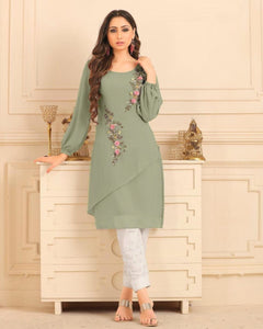 Light Green Color Straight cut Tunic with overall pearl work with Glamours Sleeves Pair with Cigarette Pants