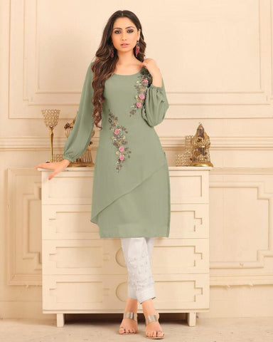 Light Green Color Straight cut Tunic with overall pearl work with Glamours Sleeves Pair with Cigarette Pants