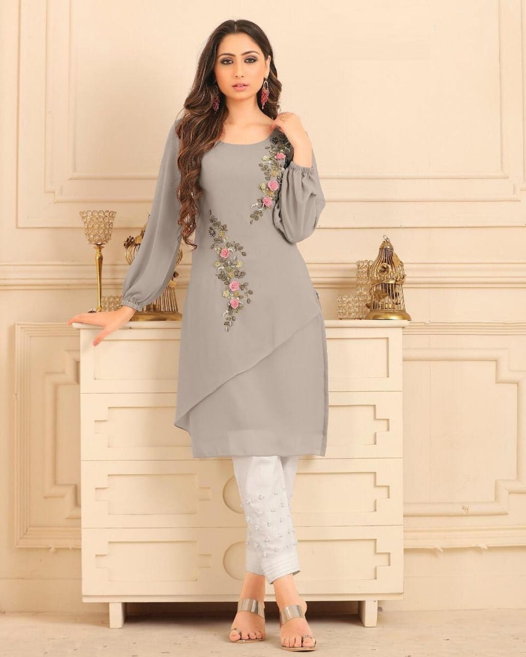 Steel Color Straight cut Tunic with overall pearl work with  Glamours Sleeves Pair with Cigarette Pants