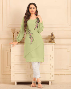 Parrot Color Straight cut Tunic with overall pearl work Glamours Sleeves Pair with Cigarette Pants