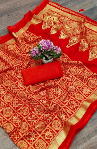 Breath-taking Red Color Wedding Wear Cotton Bandhani Foil Printed Saree Blouse For Women